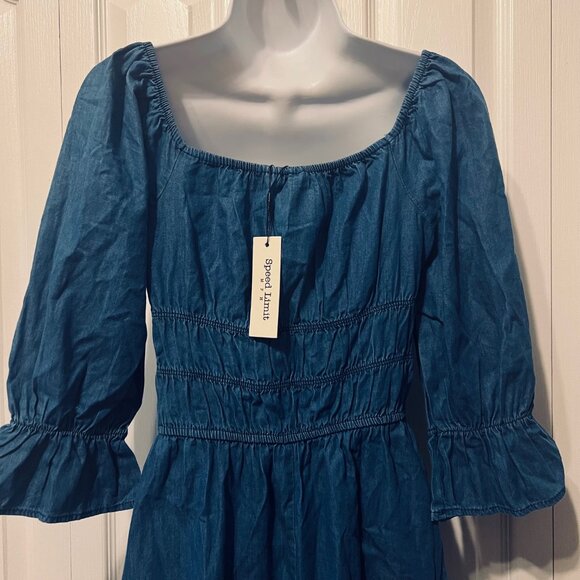Speed Limit MPH-NWT-Denim/Jean Stretchy Rouching Waist Poet Sleeve-Ruffles-Small - Picture 10 of 16